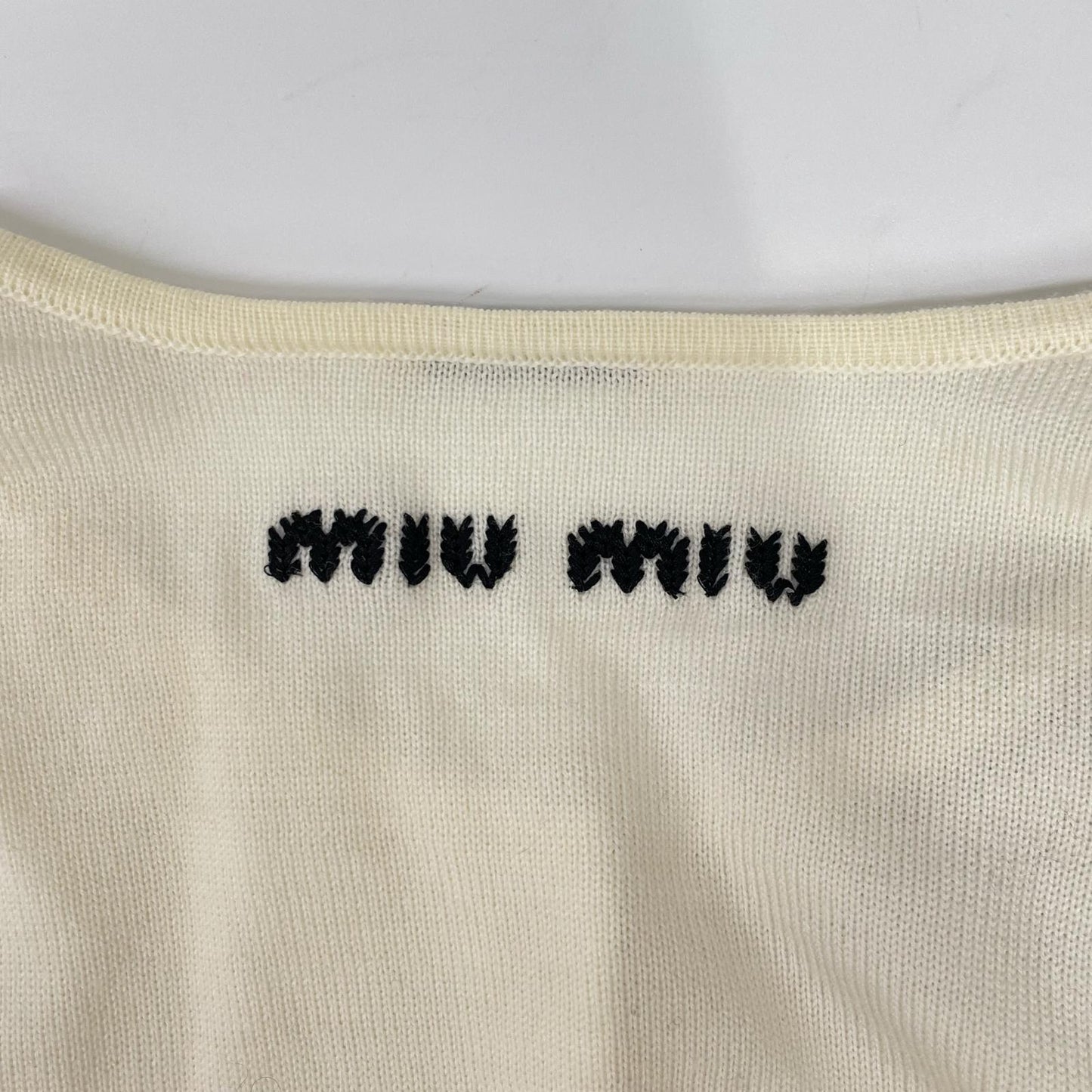 MIUMIU ミュウミュウ MMF105 ロゴ刺繍 リボンデザイン ビジュー釦 ニットカーディガン トップス