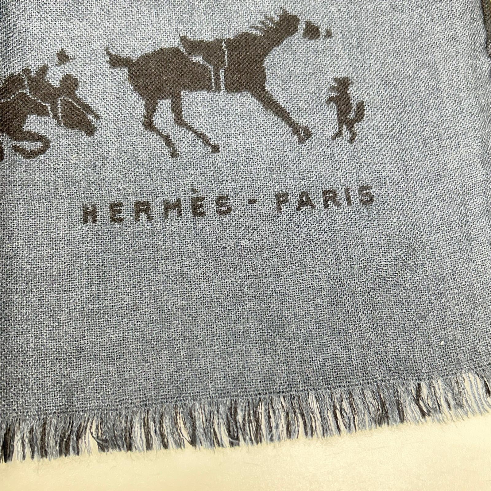 HERMES エルメス ネイビー×グレー カシミヤ×シルク ホースデザイン マフラー マフラー