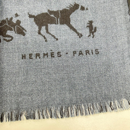 HERMES エルメス ネイビー×グレー カシミヤ×シルク ホースデザイン マフラー マフラー