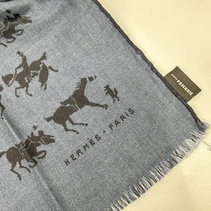 HERMES エルメス ネイビー×グレー カシミヤ×シルク ホースデザイン マフラー マフラー