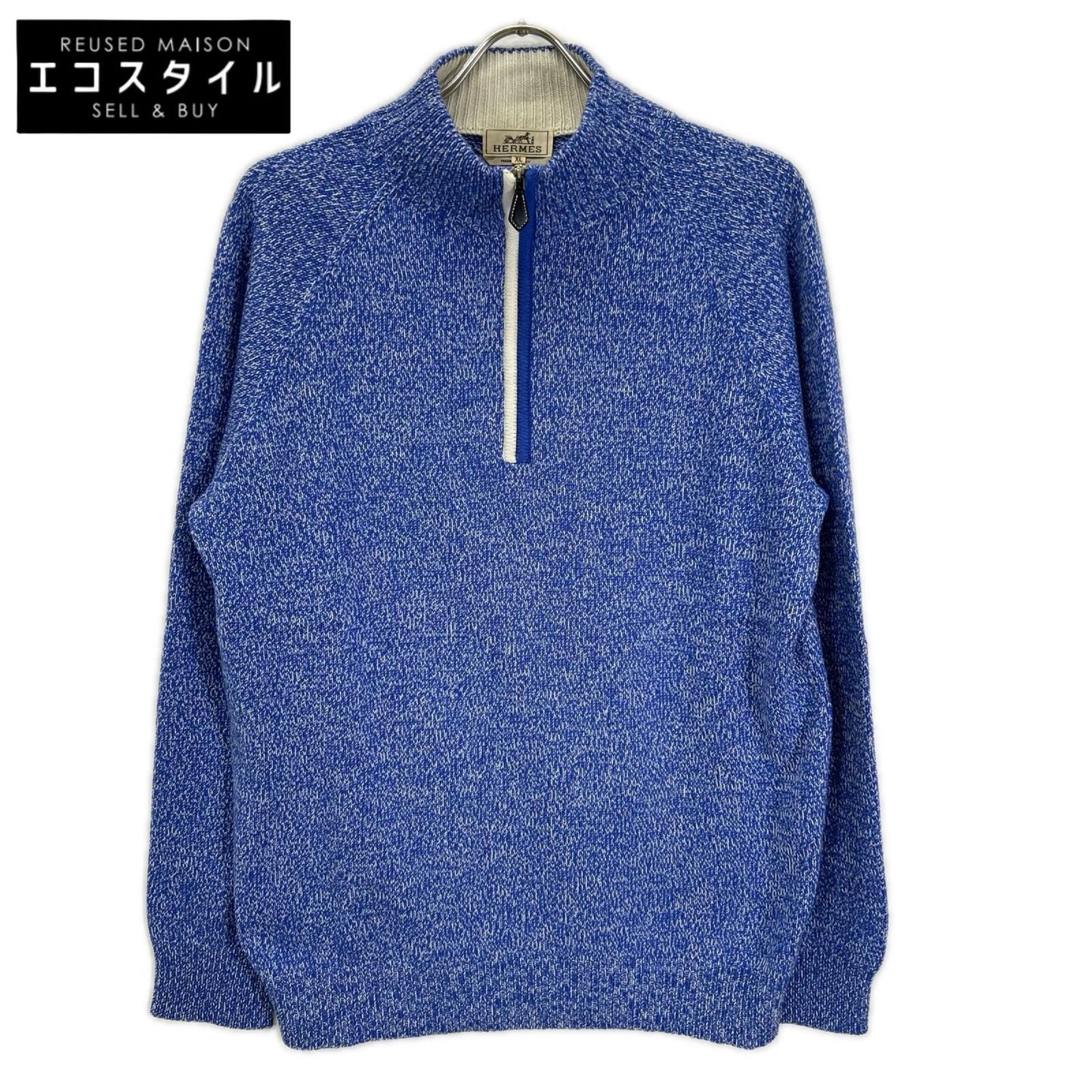 HERMES エルメス ブルー カシミヤ×シルク ハーフジップニット トップス