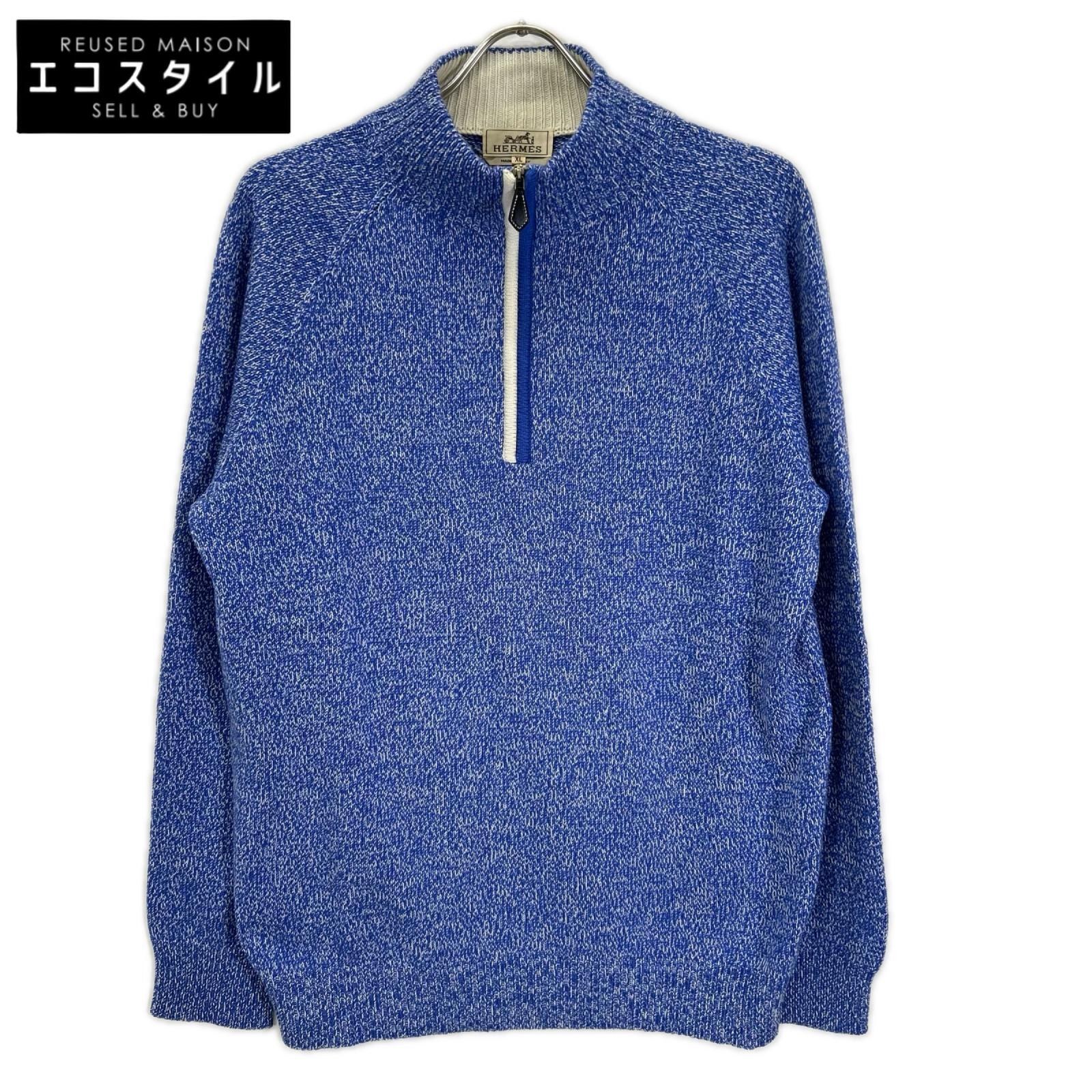 HERMES エルメス ブルー カシミヤ×シルク ハーフジップニット トップス