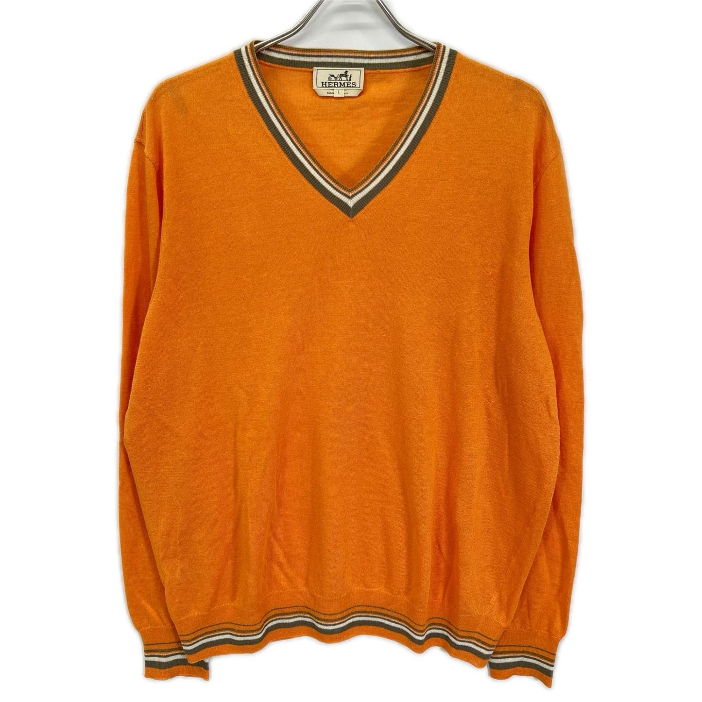 HERMES エルメス オレンジ リネン×シルク Vネック チルデンサマーニット トップス