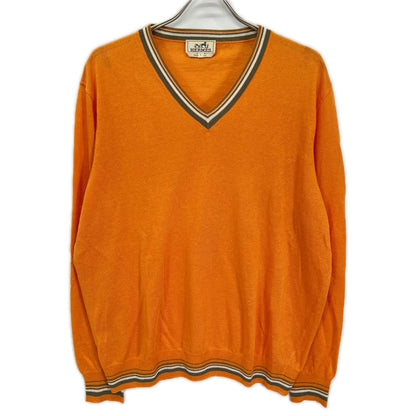 HERMES エルメス オレンジ リネン×シルク Vネック チルデンサマーニット トップス