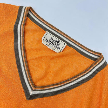 HERMES エルメス オレンジ リネン×シルク Vネック チルデンサマーニット トップス