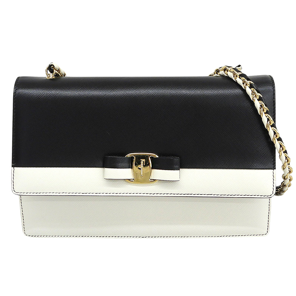SalvatoreFerragamo サルバトーレフェラガモ 美品 ヴァラリボン チェーンバッグ ショルダーバッグ レディース ブラック/ホワイト ショルダーバッグ
