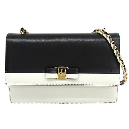 SalvatoreFerragamo サルバトーレフェラガモ 美品 ヴァラリボン チェーンバッグ ショルダーバッグ レディース ブラック/ホワイト ショルダーバッグ