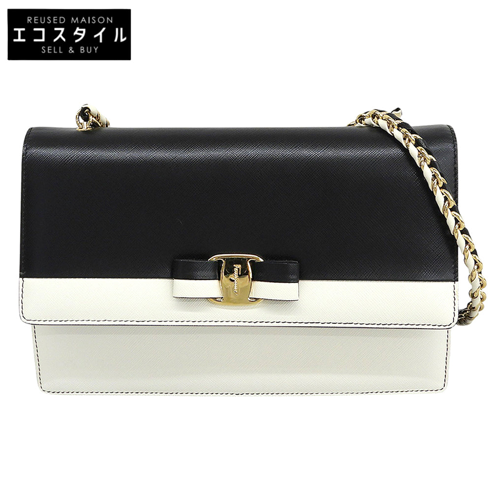 SalvatoreFerragamo サルバトーレフェラガモ 美品 ヴァラリボン チェーンバッグ ショルダーバッグ レディース ブラック/ホワイト ショルダーバッグ