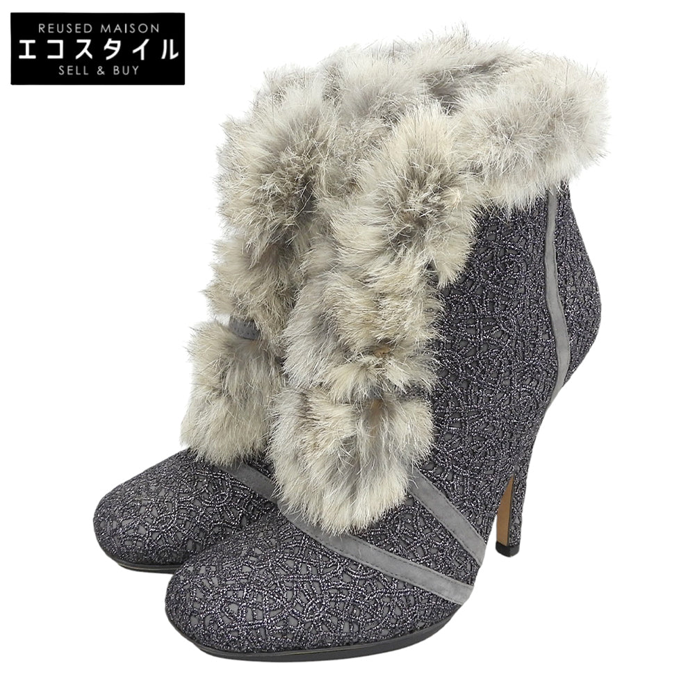 Christian Dior クリスチャンディオール 美品 バックジップ ファー ヒールブーティ シューズ レディース グレー系 35 1/2 シューズ