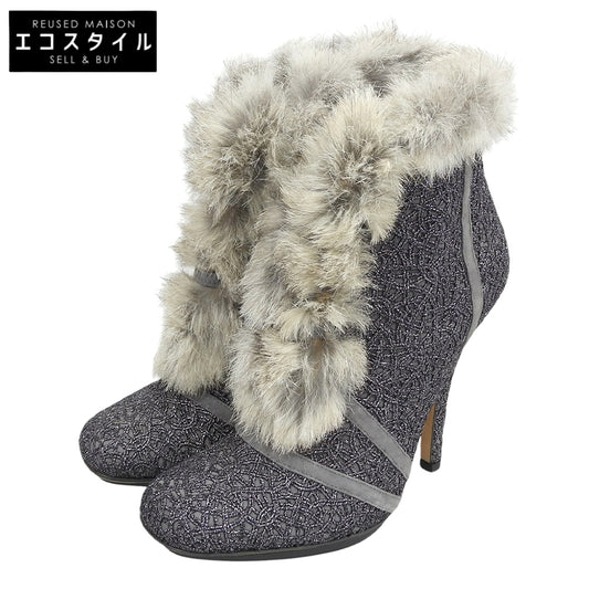 Christian Dior クリスチャンディオール 美品 バックジップ ファー ヒールブーティ シューズ レディース グレー系 35 1/2 シューズ