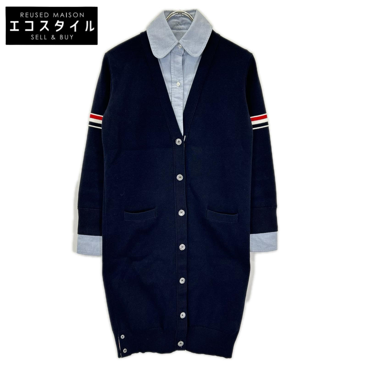 THOM BROWNE トムブラウン 22AW FKC469-Y3007 ネイビー×ブルー RWB シャツ ドッキングロングカーディガン トップス