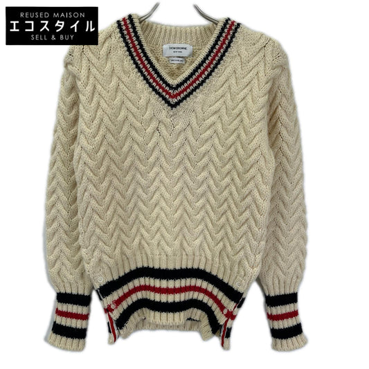 THOM BROWNE トムブラウン MKA066A-02447100 アイボリー ローゲージ ケーブル編み Vネック ストライプ ニット トップス