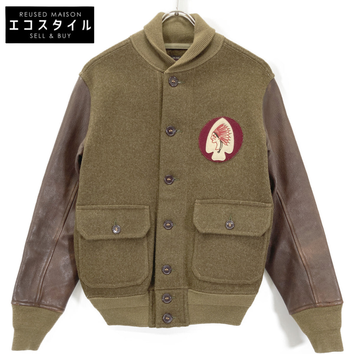 RRL 双RL 卡其色x棕色系 印第安补丁 皮革拼接棒球夹克