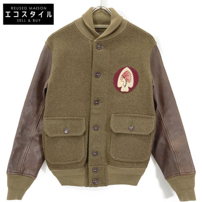 RRL 双RL 卡其色x棕色系 印第安补丁 皮革拼接棒球夹克