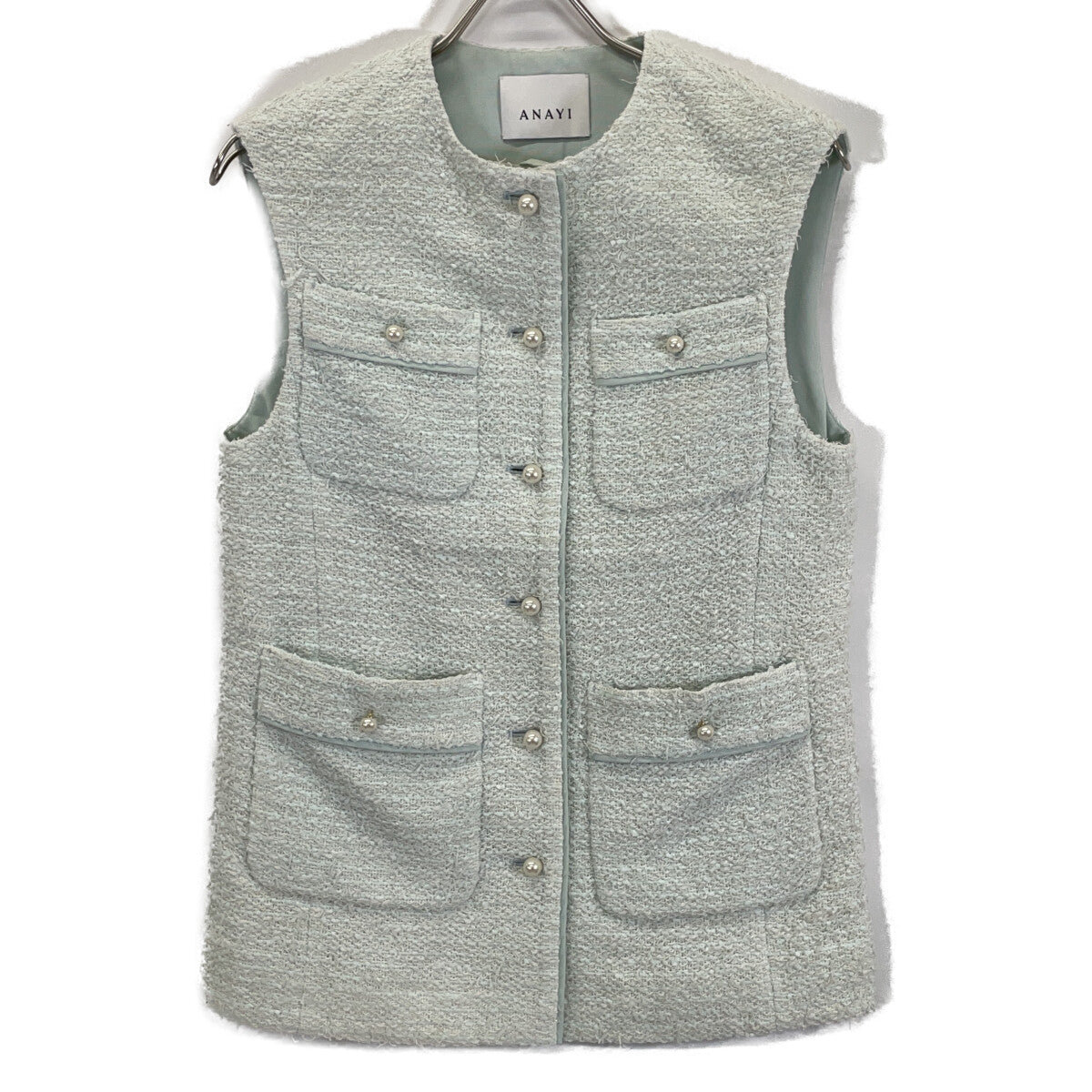 ANAYI Light Blue Pearl Button Tweed Gilet Vest 36 Women's