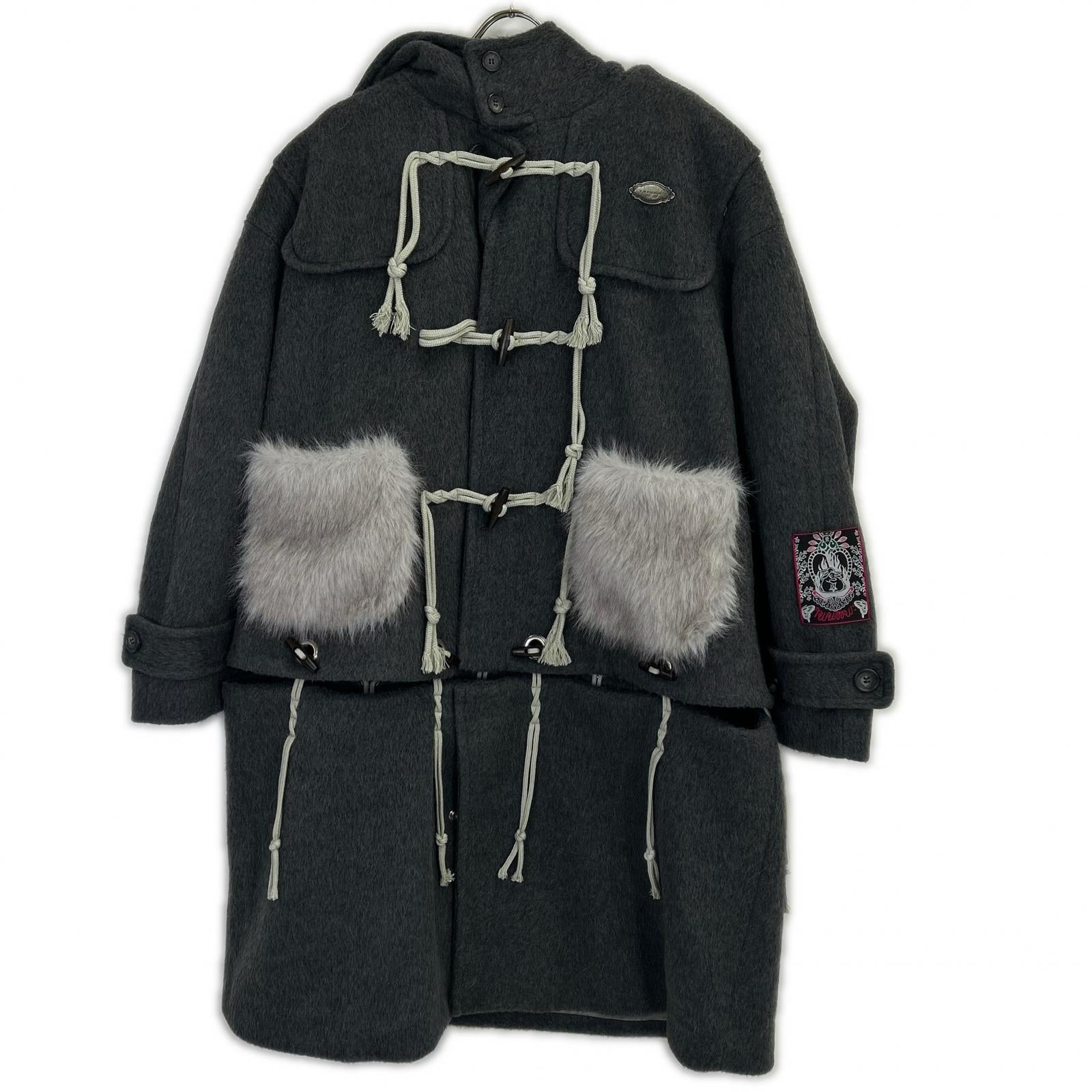 rurumu: rurumu: Gray rrm25AW-CT01 Rabbit Ear Fur Detachable Duffle Coat