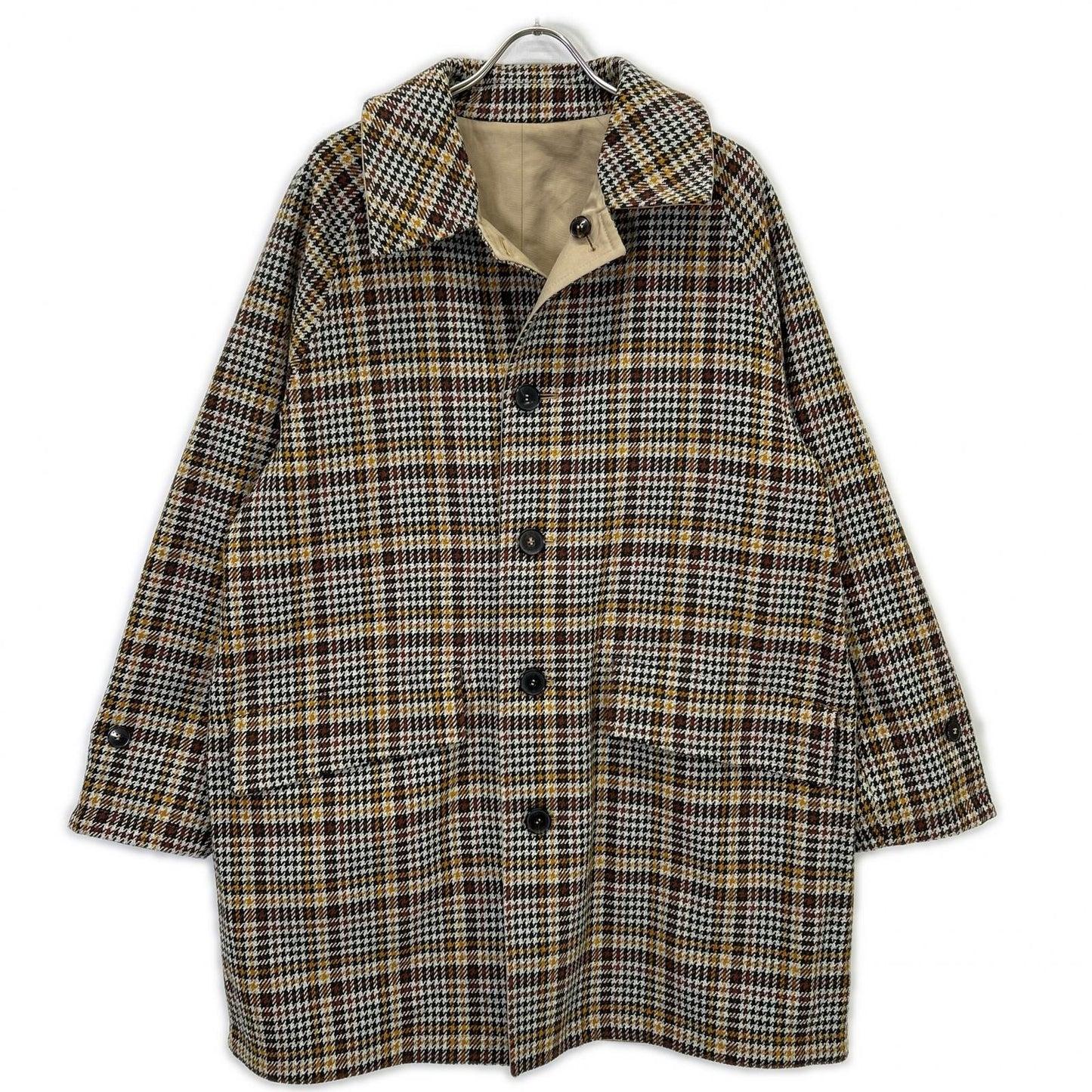 MACKINTOSH LONDON Beige/Green Houndstooth GM-1010R GTS CARLUKE Reversible Fly-Front Chesterfield Coat