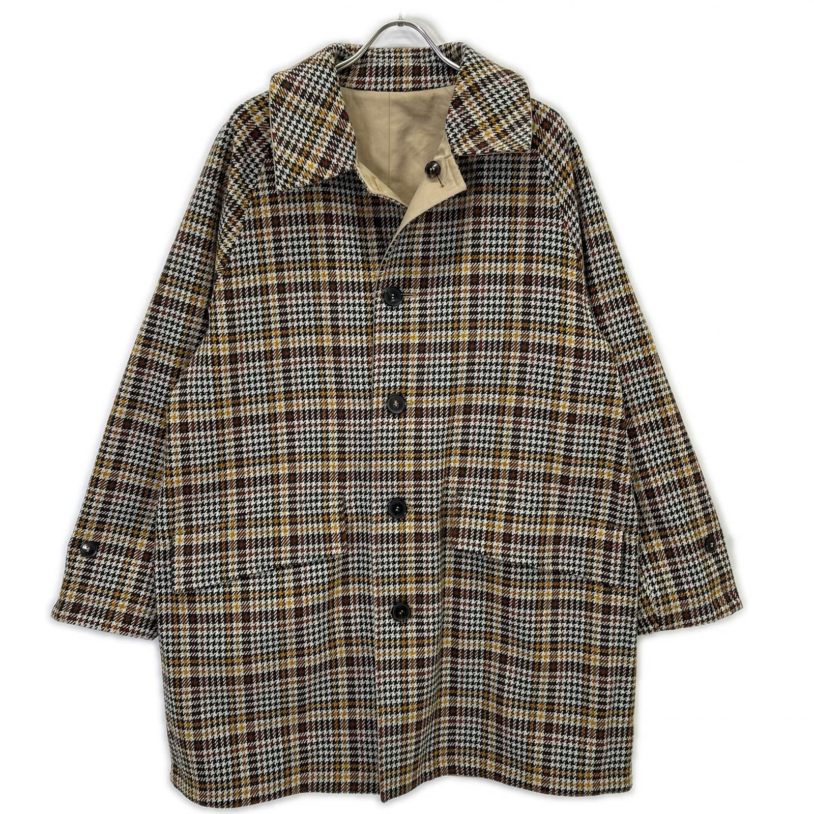 MACKINTOSH LONDON Beige/Green Houndstooth GM-1010R GTS CARLUKE Reversible Fly-Front Chesterfield Coat