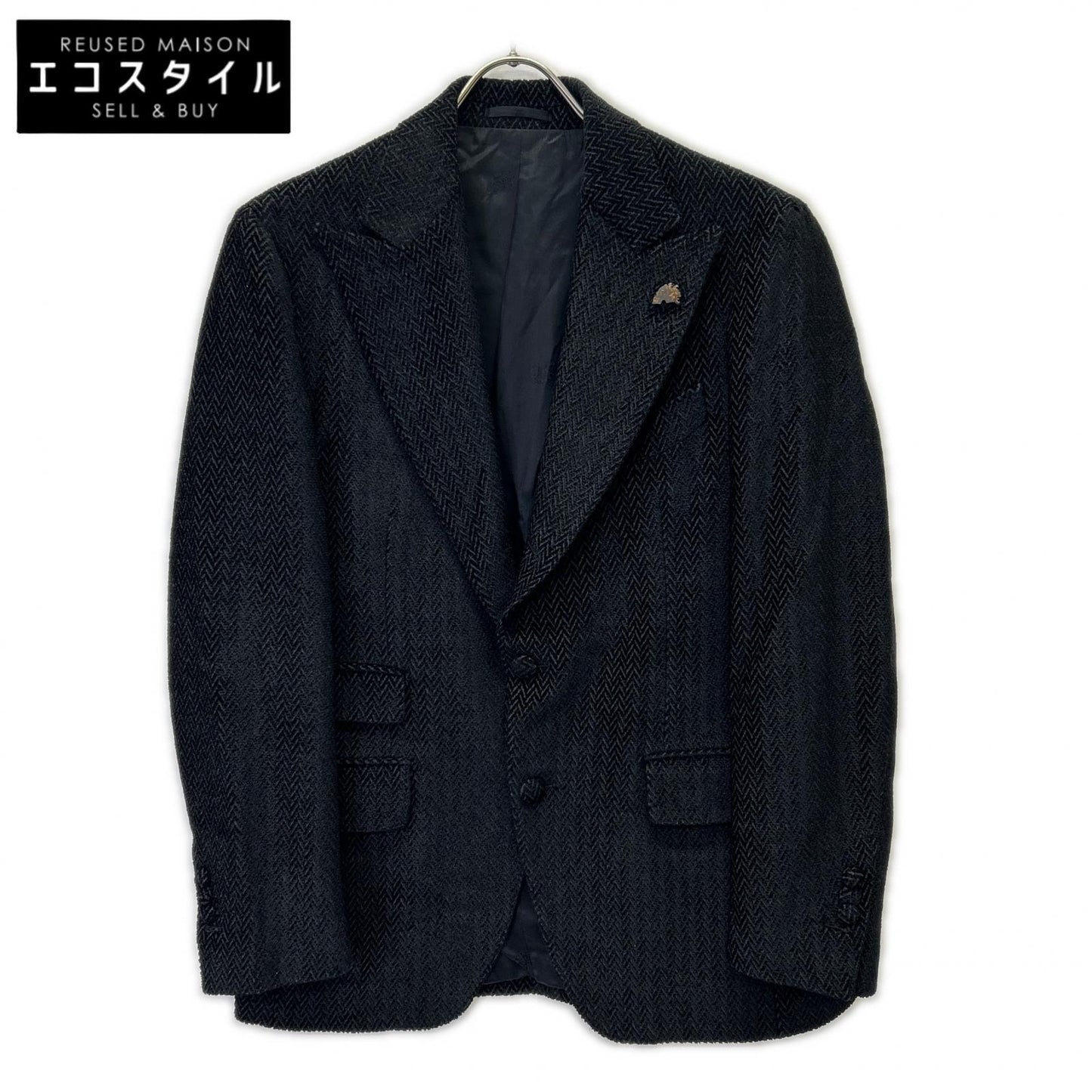 BLACK JG90015I Herringbone Peaked Lapel Jacket 46 Men's