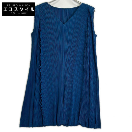 PLEATS PLEASE プリーツプリーズ ブルー PP71-JT613 フリンジカット Vネックプリーツ ノースリーブワンピース ワンピース