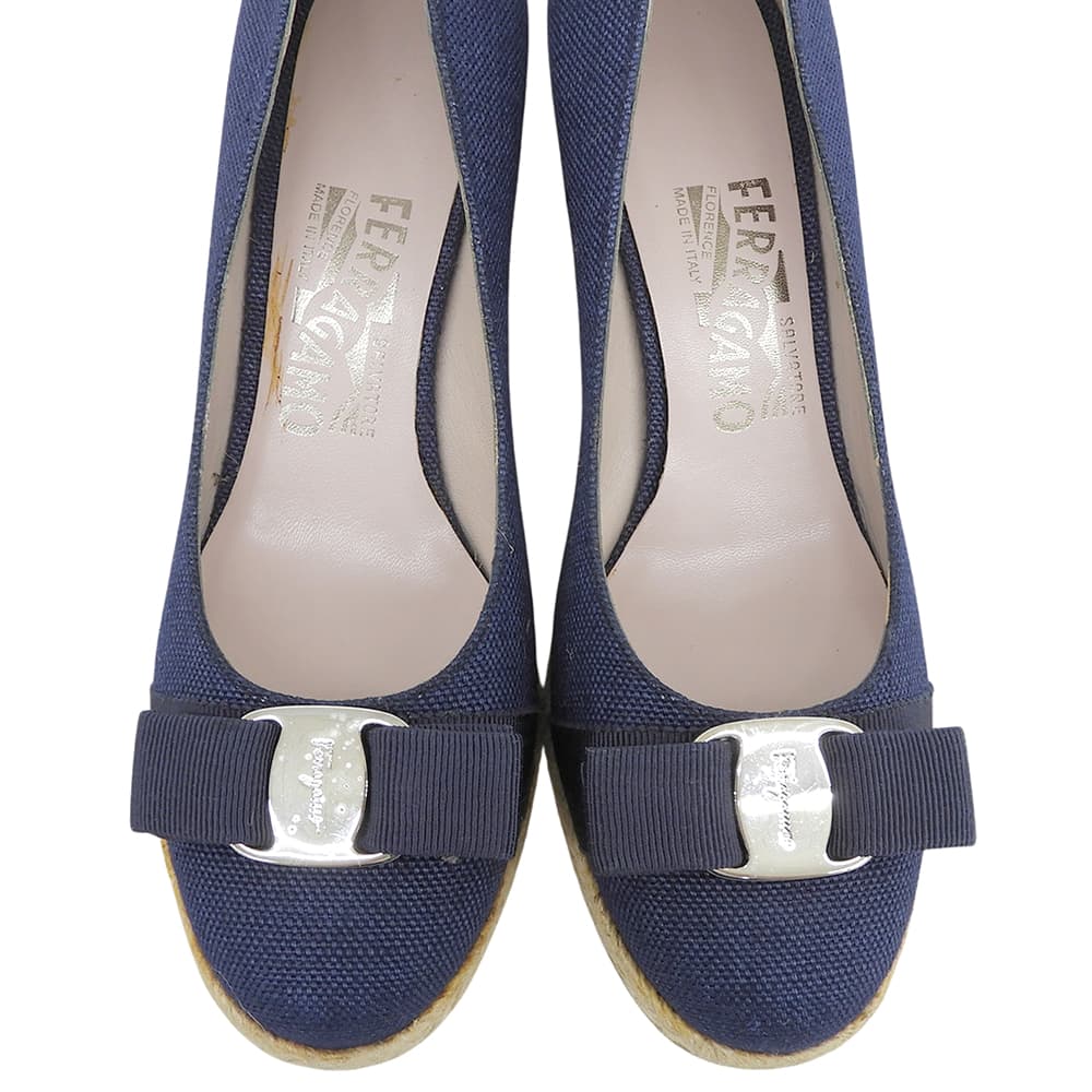 Salvatore Ferragamo サルヴァトーレフェラガモ エスパドリーユ ウェッジソール パンプス レディース ネイビー 6 1/2C シューズ