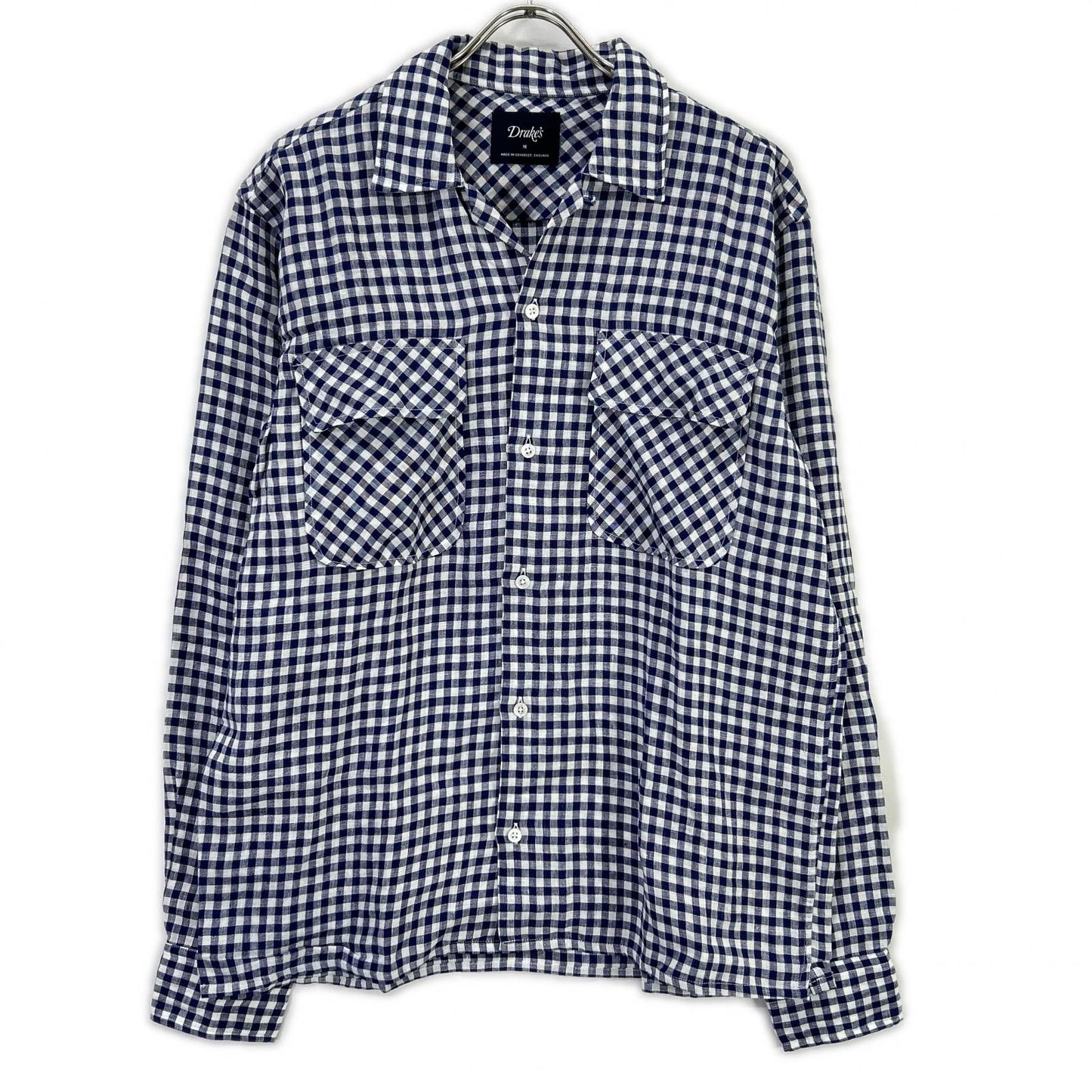 Drakes ドレイクス ブルー ギンガムチェック リネン100% LS CAMP COLLAR SHIRT トップス