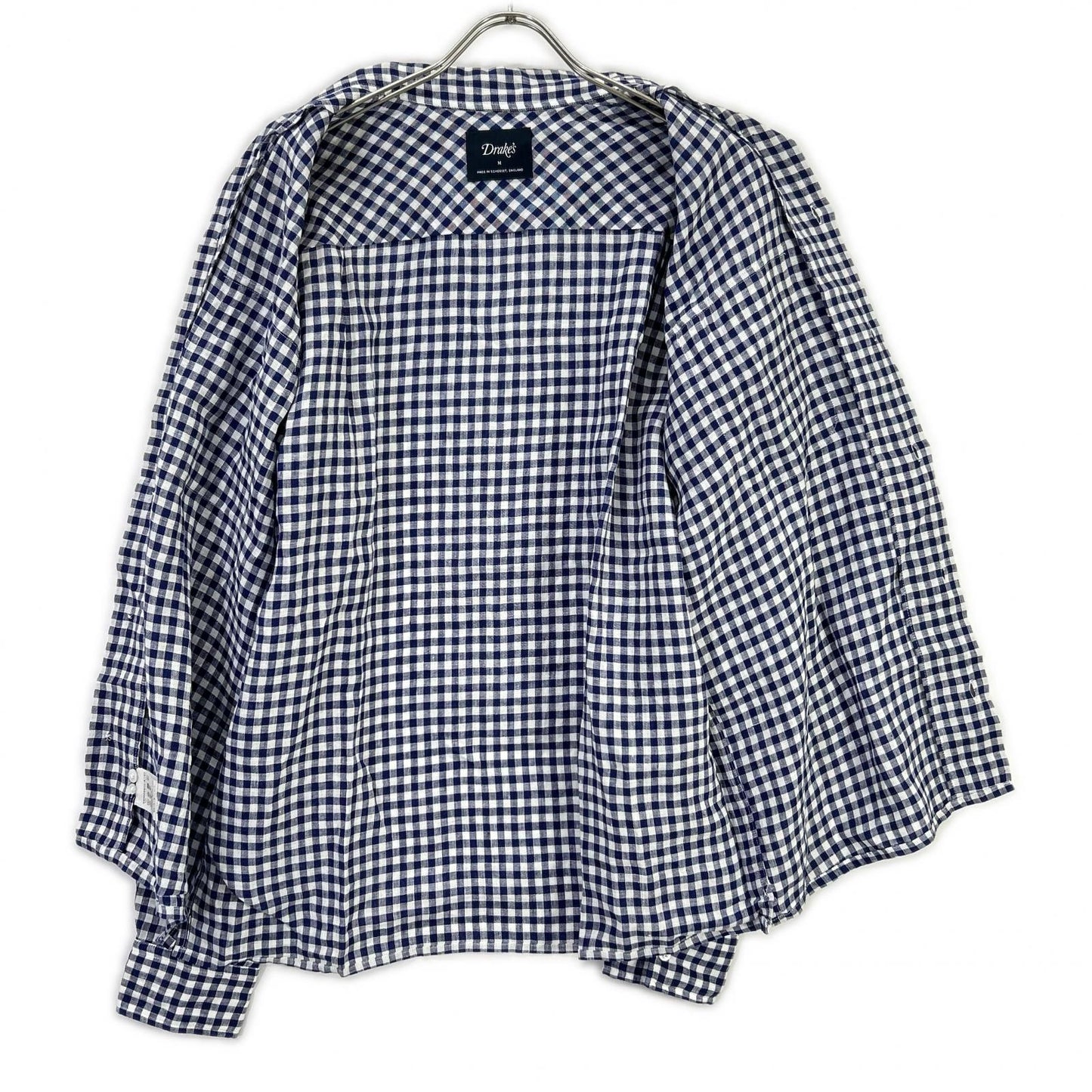 Drakes ドレイクス ブルー ギンガムチェック リネン100% LS CAMP COLLAR SHIRT トップス