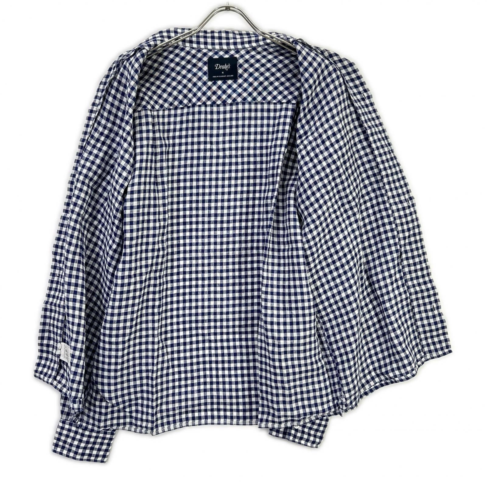 Drakes ドレイクス ブルー ギンガムチェック リネン100% LS CAMP COLLAR SHIRT トップス