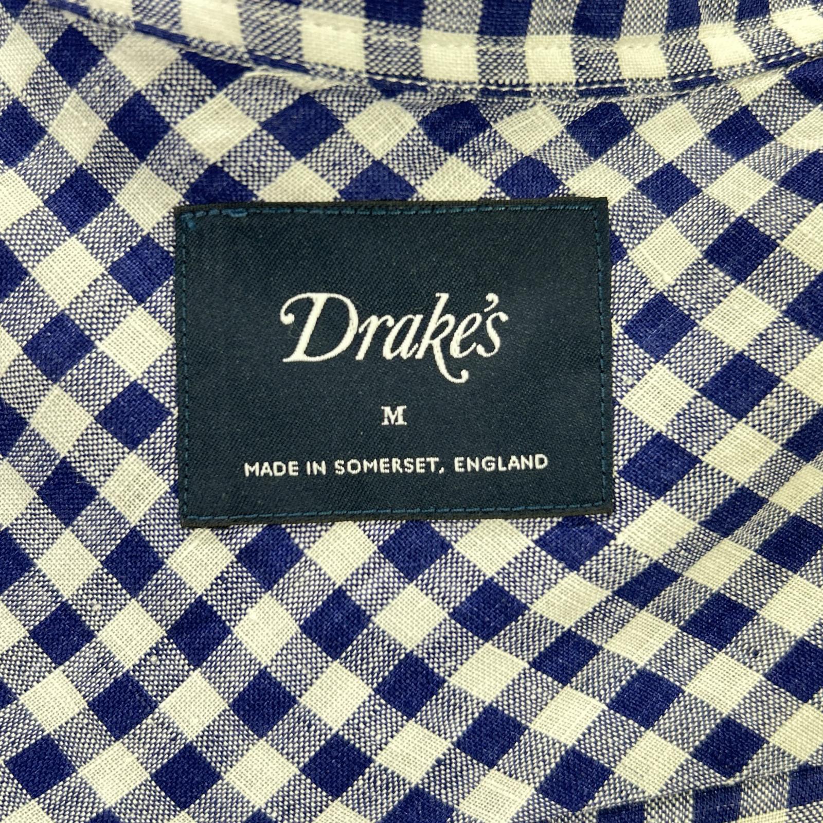 Drakes ドレイクス ブルー ギンガムチェック リネン100% LS CAMP COLLAR SHIRT トップス