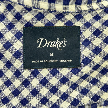 Drakes ドレイクス ブルー ギンガムチェック リネン100% LS CAMP COLLAR SHIRT トップス