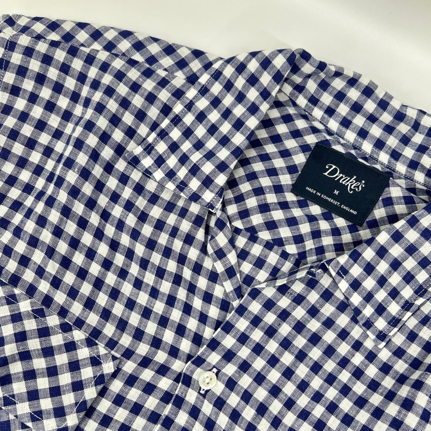 Drakes ドレイクス ブルー ギンガムチェック リネン100% LS CAMP COLLAR SHIRT トップス