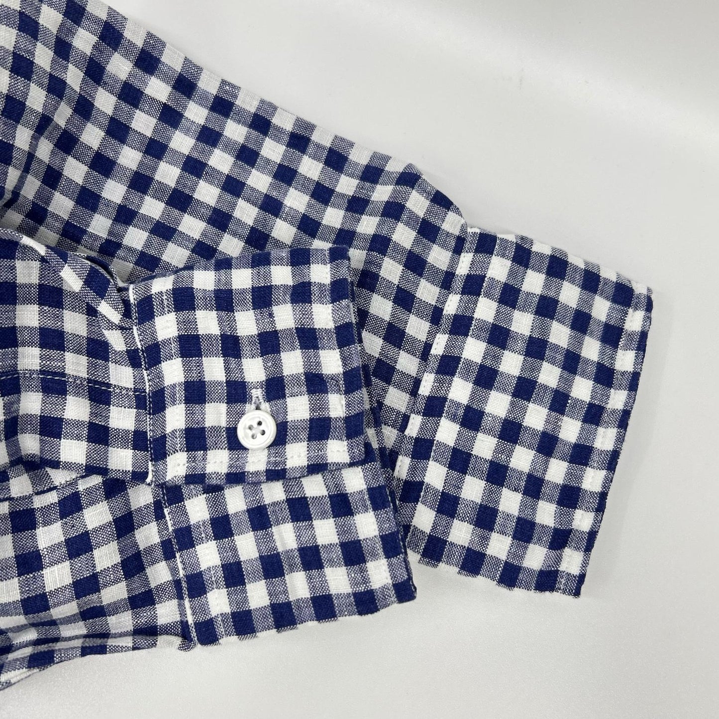 Drakes ドレイクス ブルー ギンガムチェック リネン100% LS CAMP COLLAR SHIRT トップス