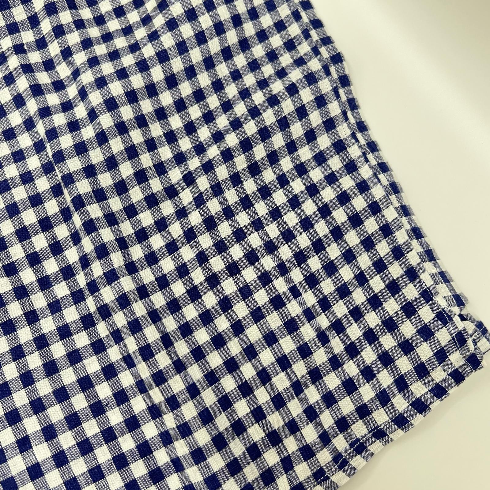Drakes ドレイクス ブルー ギンガムチェック リネン100% LS CAMP COLLAR SHIRT トップス