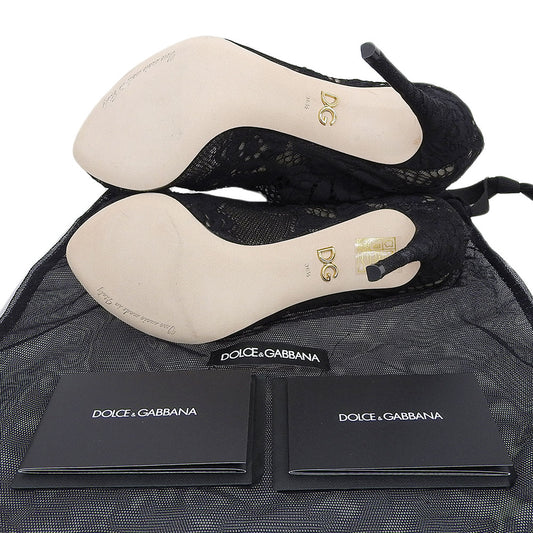 DOLCE&GABBANA ドルチェアンドガッバーナ 新品同様 花柄 レース ヒール アンクルブーツ シューズ レディース ブラック 36 1/2 シューズ