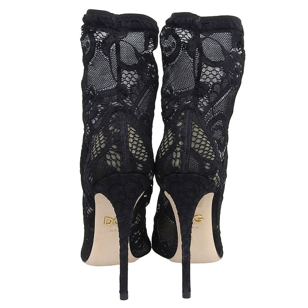 DOLCE&GABBANA ドルチェアンドガッバーナ 新品同様 花柄 レース ヒール アンクルブーツ シューズ レディース ブラック 36 1/2 シューズ