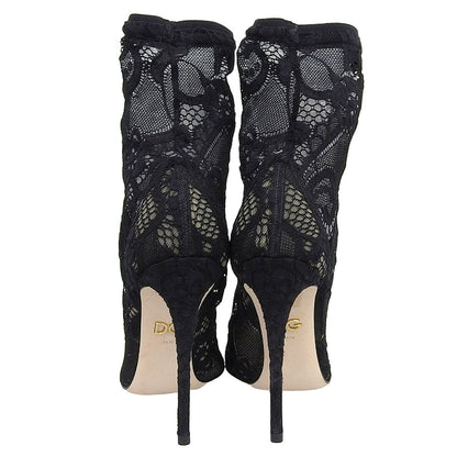 DOLCE&GABBANA ドルチェアンドガッバーナ 新品同様 花柄 レース ヒール アンクルブーツ シューズ レディース ブラック 36 1/2 シューズ