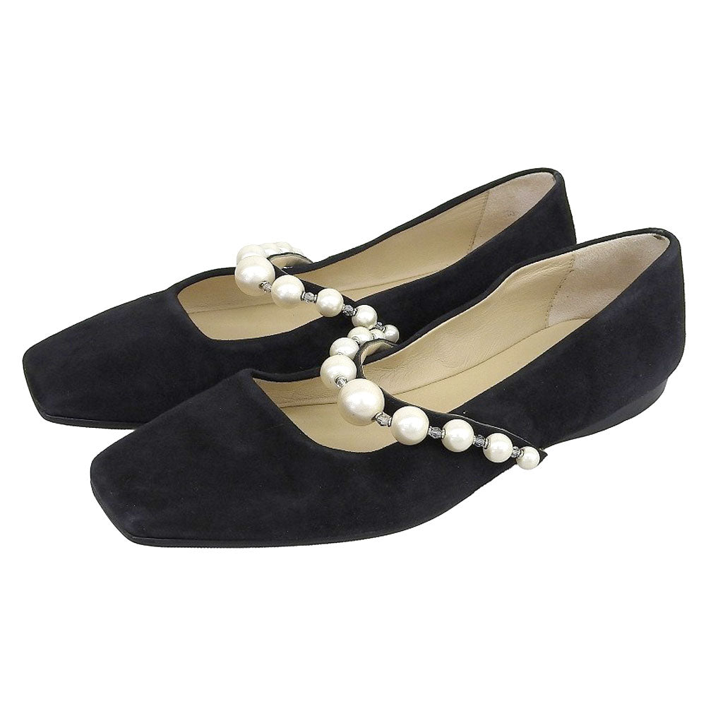 JIMMY CHOO ジミーチュウ 美品 ADE FLAT SZR スエード パール付き フラットパンプス シューズ レディース ブラック 36.5 シューズ