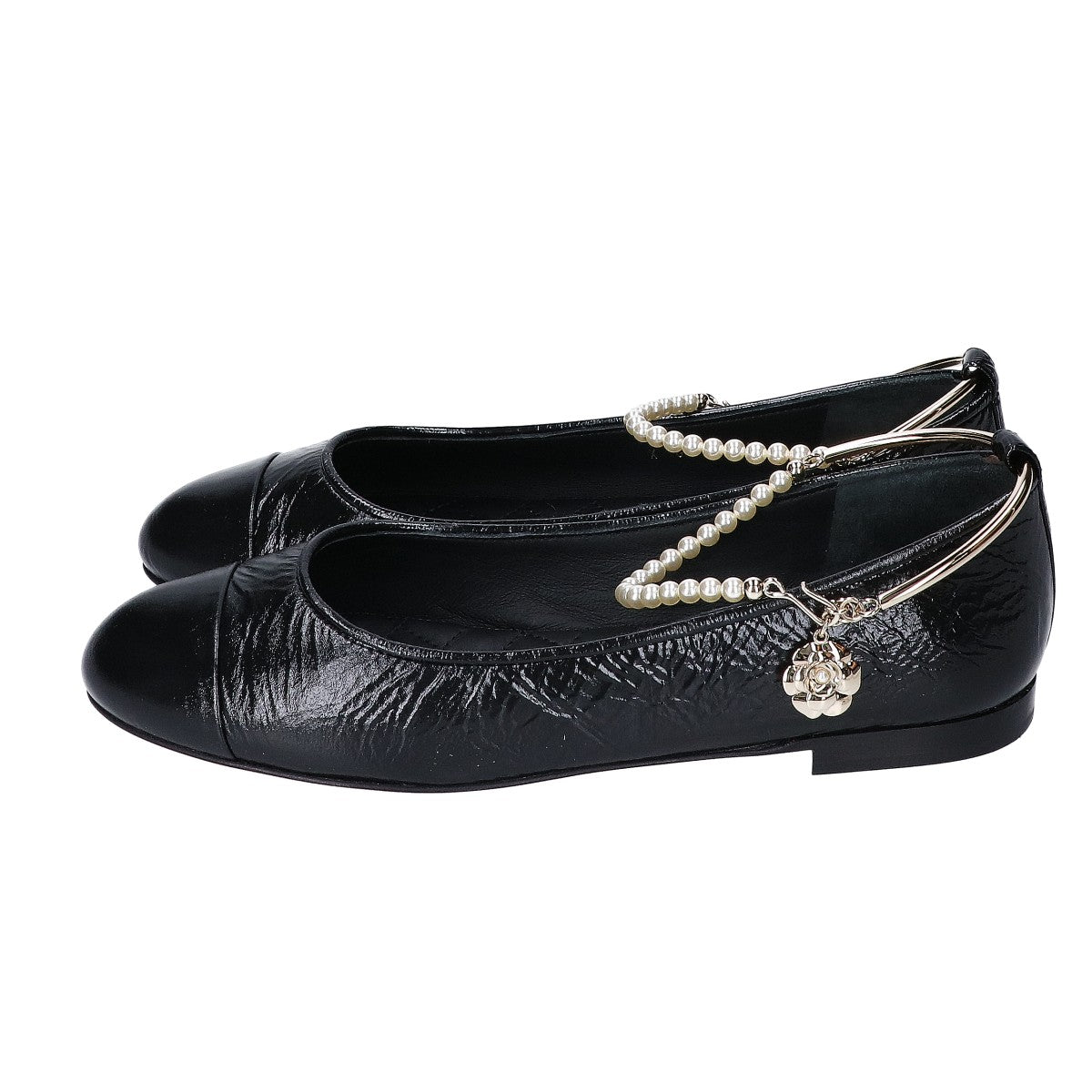 CHANEL シャネル 美品 23C G38986 バレリーナ アンクルパールビジュー ココマーク フラットシューズ シューズ