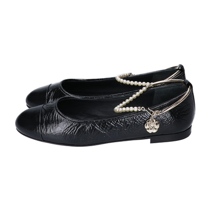 CHANEL シャネル 美品 23C G38986 バレリーナ アンクルパールビジュー ココマーク フラットシューズ シューズ