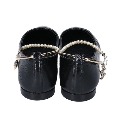 CHANEL シャネル 美品 23C G38986 バレリーナ アンクルパールビジュー ココマーク フラットシューズ シューズ
