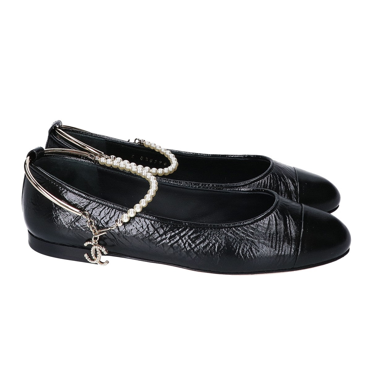 CHANEL シャネル 美品 23C G38986 バレリーナ アンクルパールビジュー ココマーク フラットシューズ シューズ