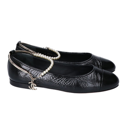 CHANEL シャネル 美品 23C G38986 バレリーナ アンクルパールビジュー ココマーク フラットシューズ シューズ