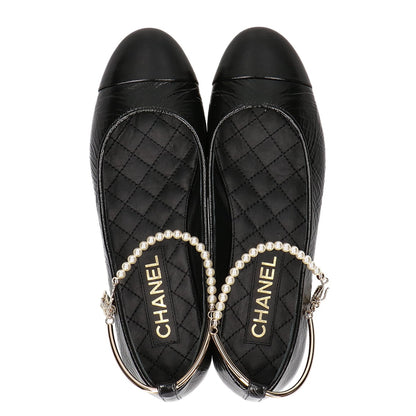 CHANEL シャネル 美品 23C G38986 バレリーナ アンクルパールビジュー ココマーク フラットシューズ シューズ