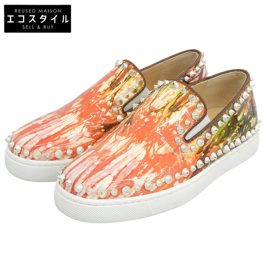 CHRISTIAN LOUBOUTIN クリスチャンルブタン 美品 PIKBOAT パテントレザー スタッズ スリッポン スニーカー レディース オレンジ系 34 シューズ