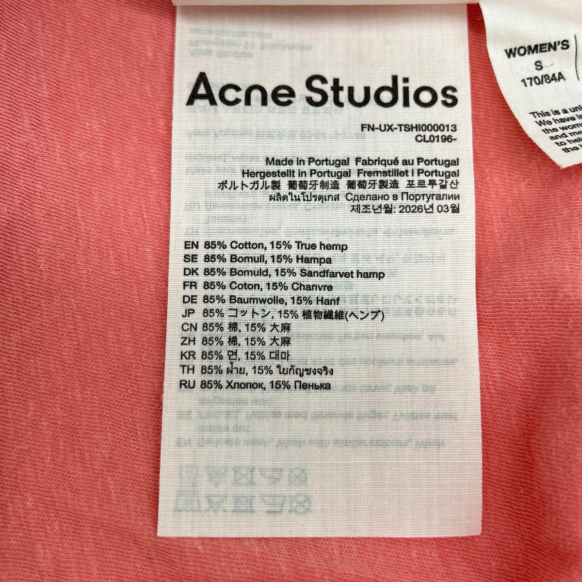 ACNE STUDIOS アクネ ストゥディオズ FN-UX-TSHI000013 タンゴピンク スプレー加工ロゴTシャツ トップス