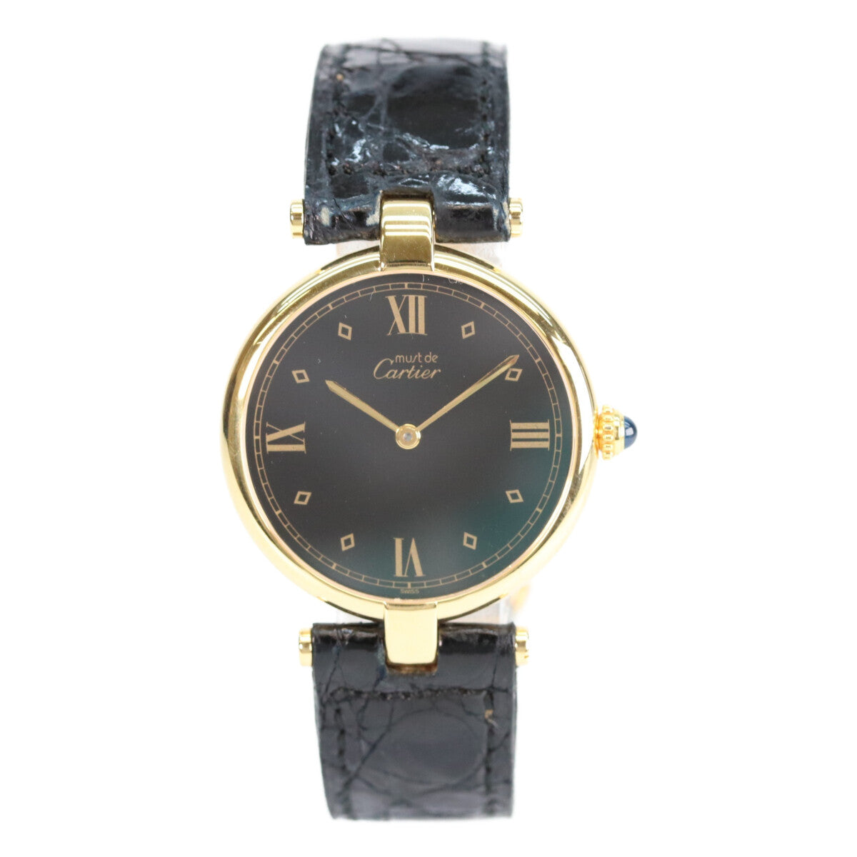 Cartier 925 Must Vendôme Vermeil LM Black Dial QZ Leather Watch