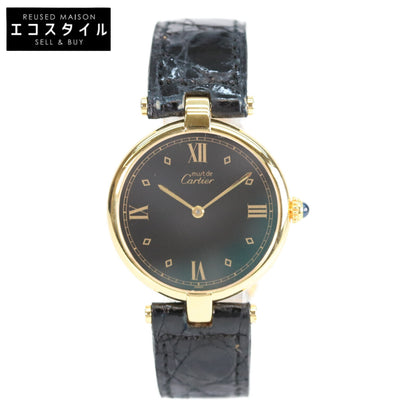 Cartier 925 Must Vendôme Vermeil LM Black Dial QZ Leather Watch