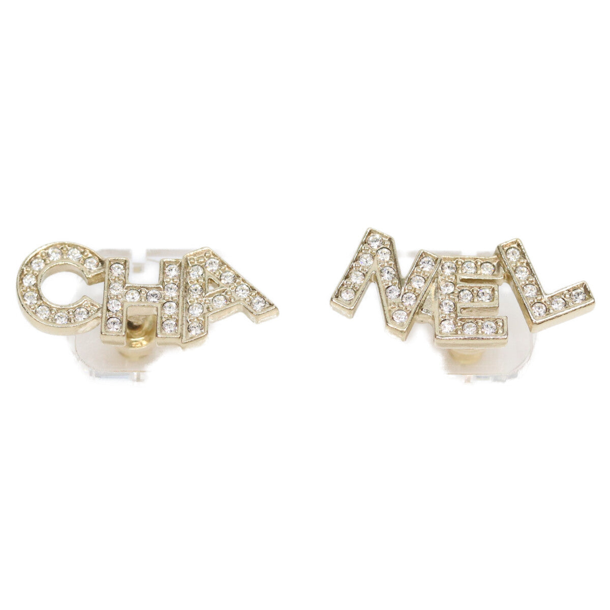 CHANEL Chanel A21V Gold Rhinestone Logo Pierced Earrings