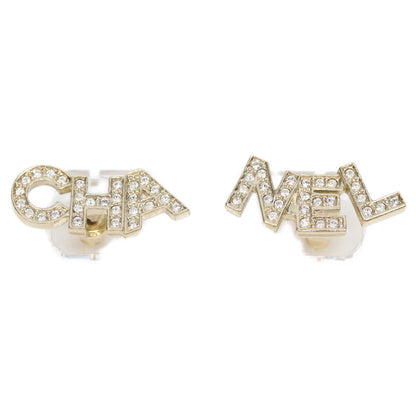 CHANEL Chanel A21V Gold Rhinestone Logo Pierced Earrings
