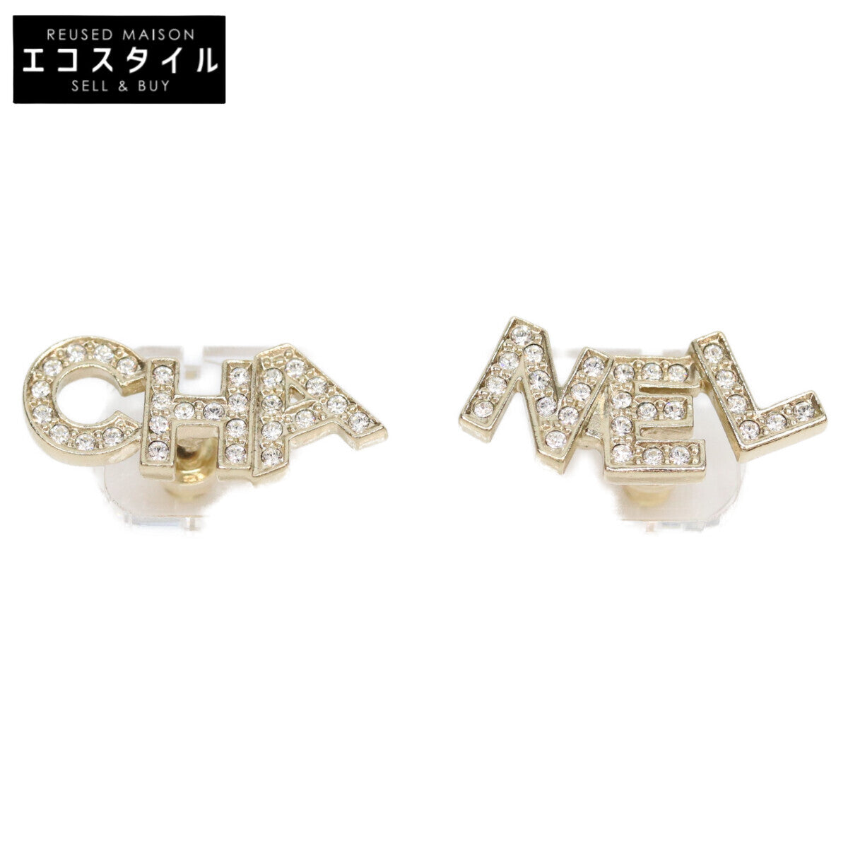 CHANEL Chanel A21V Gold Rhinestone Logo Pierced Earrings